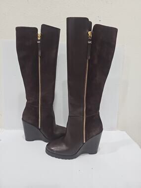 Michael Kors Brown Leather & Suede Knee High Clara Wedge Boots 7.5M